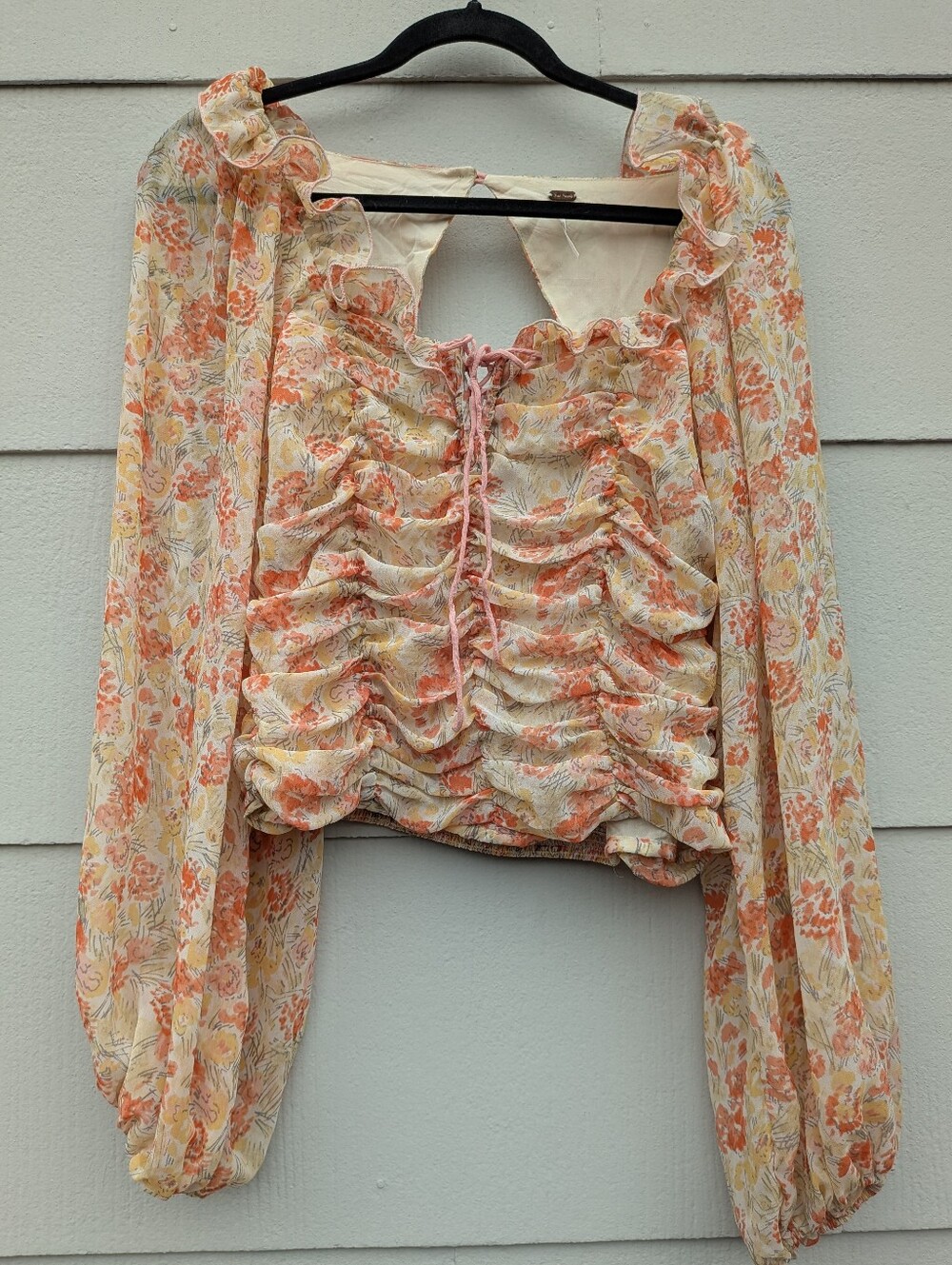 Free People Peach Floral Ruffle Tie Blouse